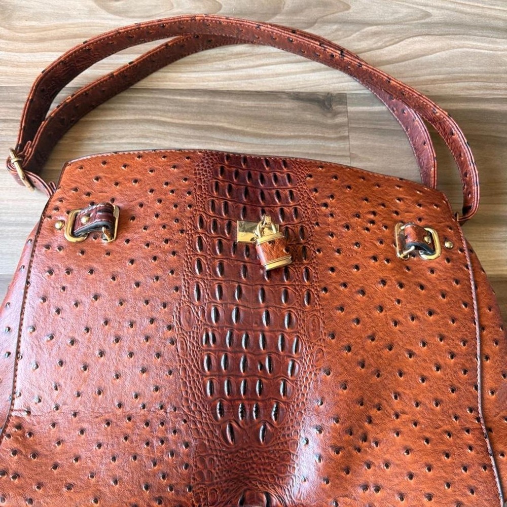 Cognac Brown Ostrich Croc Embossed Satchel Handbag Gold Padlock Detail Mens